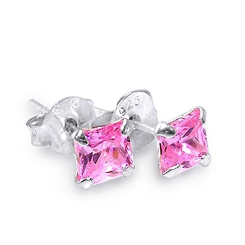 4MM Pink Square CZ Stone 925 Sterling Silver Stud Earring