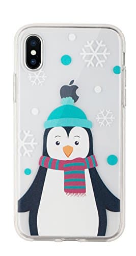 Buyus iPhone X Case Clear with Design, Soft Thin TPU Rubber Silicone Back Protective Cover Bumper with Cute Animal Pattern (Penguin with Sky Blue Hat,Purple/Grey Scarf,White Snowflake)