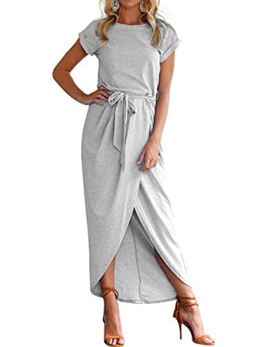 HIKARE Women's Short Sleeve Solid Color Front Split Casual Beach Wrap Maxi Dress with Belt
