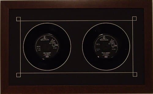 45 Double (6 7/8") Vinyl Record Frame - For Two (2) 45 RPM Records Featuring Black (White Trim) Mat Design and Solid Wood Walnut Stain Finish Frame