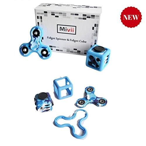 Mivii Fidget Bundle set with SILICONE COVER PROTECTOR-(Camouflage Blue) Cube and Fidget Hand Tri Spinner- Antianxiety – Stress reductor toy for adults and childrens. GIFT BOX PACKAGING