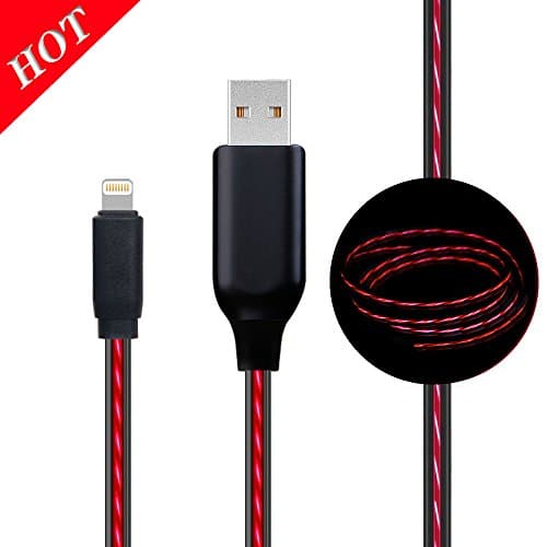 Lightning Multi Function Data Line, DENKU Visible Flowing LED Light Up EL Charging Cable Sync Charging Cable Cord for iPhone8/7/7 Plus/6s/6s Plus/6/6 Plus/5s/5c/5/iPad/iPod(3Ft, Red)
