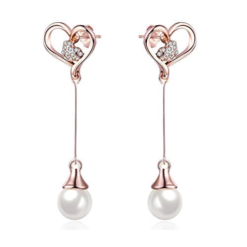 Rose gold Cat Eye Long Stud Dangle Earring with Crystal Heart For Women Girls