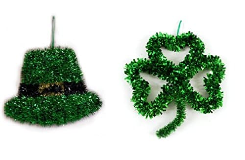 2 Pc Shamrock &amp; Hat St Patrick Day Tinsel Decorations