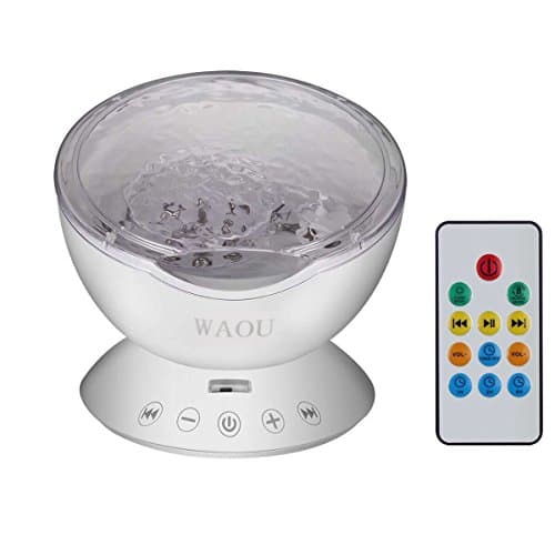 WAOU Remote Control Ocean Wave Projector Night Light Lamp Romantic Relax Multicolor Sleep Night Light With Built-in Music Player In Bedroom Living Room For Nursery Baby Kids Children Adults (White)