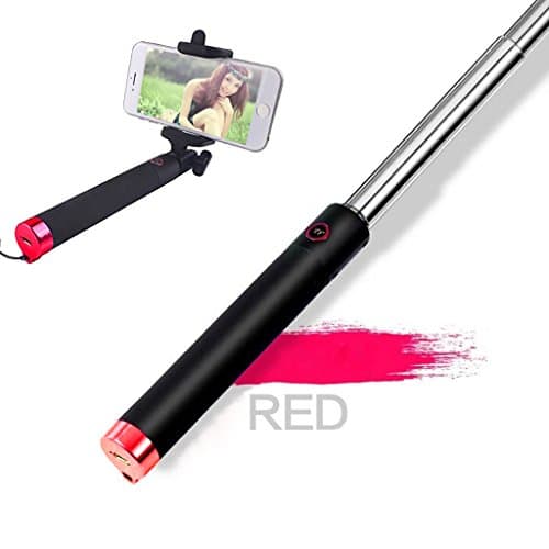 HWER 2015 New Version Wireless Bluetooth Selfie Stick Ultra Compact Foldable QuickSnap Pro Self-portrait Monopod Extendable with built-in Remote Shutter With Adjustable Phone Holder for iPhone 6, iPhone 6 Plus, iPhone 5 5s 5c and Android 4.2.2 above Smartphones£¬Bluetooth-Red