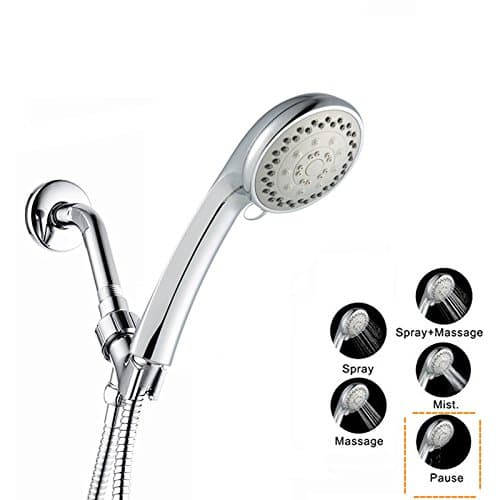 TOOLTOO Handheld Shower Head Set –High Pressure Adjustable 5 Setting Shower Combo With On/OFF Switch and Flexible Shower Hose, Mount, Gasket, Tapes, Set of 5, Chrome