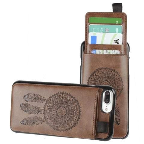 iPhone 8 Plus Wallet Case, iPhone 7 Plus Case, Slim PU Leather with Matching Detachable Slide Out Card Slot Organizer [Dreamcatcher Pull Out - Brown]