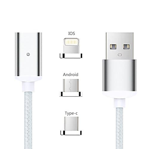 Tomsmoo 2 in 1 Lightning Micro USB Magnetic Charging and Data Transfer Sync Cable,Nylon Braided Cable, for Iphone Ipad Ipod,for Android Samsung HTC LG HUAWEI (3.3ft 2.1A) (3in1 Silver)