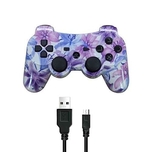 Crifeir Water Transfer Printing Wireless Controller for Playstation 3,Includes a Charging Cable(Purple Flower)