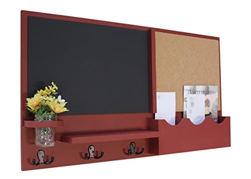 Legacy Studio Décor Message Center with Chalkboard Cork Board Mail Organizer Key Hooks Coat Hooks Mason Jar (Smooth, Barn Red)