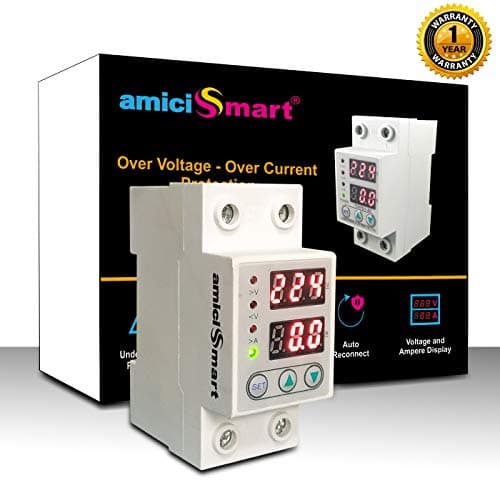 amiciSmart Automatic Over/Under Voltage (Adjustable Setting) Protection with Auto Re-Connect LED Display Standard Din-Rail Mounted Single Phase 220V, 63A (Voltage Protector)