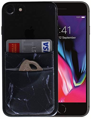 Monca [Double Secure] Cell Phone Credit Card Holder Stick on Wallet Cash Metro Card ID Holder Lycra Spandex Card Sleeves [Lid & Pocket] (Marble Black)