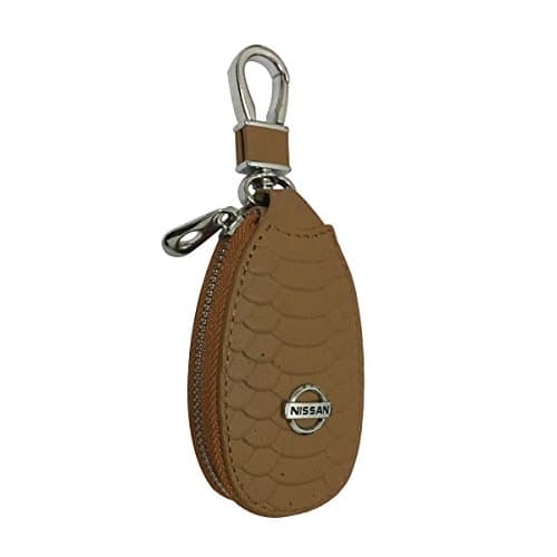 New 1pcs Light Brown Leather Eye Drop Shape Car Key Wallet Zipper Case Keychain Coin Holder Metal Hook Bag Collection For Nissan Car Vehicle Auto Lover