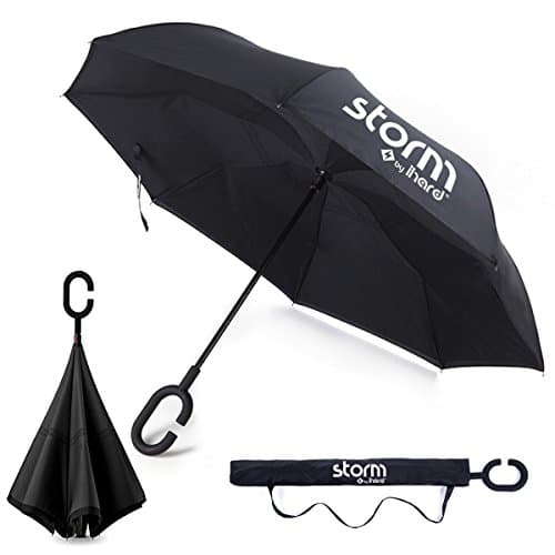 iHard Storm Reverse/Inverted Umbrella Double-Layer Windproof Waterproof Self-Standing Hands Free C-Shape UV Protection Sweat-proof Handle | Inside-Out Folding For Easy Car Use | Carry Bag (BLACK)