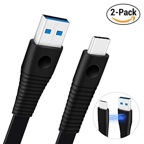 Type C Cable, USB 3.0 A to USB C Charger Data Flat Cable (2-PACK 6.6ft), Built-in Magnet to Absorb Table, for Samsung Galaxy Note 8 S8 Plus Google Pixel LG G6 V20 Nintendo Switch New Macbook (Black)