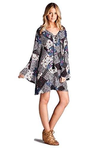 Velzera Multi Floral Patchwork Print Tunic Dress Boho Chic Reg &amp; Plus Size (Large, Gray)
