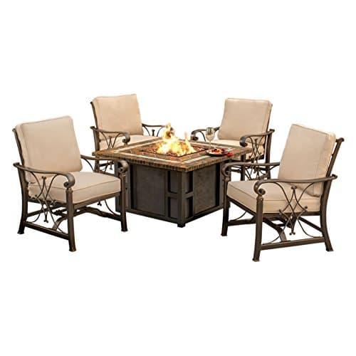 Ice Cooler Carts Goldie's Fire pit Table Set With Fire pit Table, Strip Burner, Lava Rocks, Weather Cover And Four Rocking Chairs, Black/Gold/Bronze