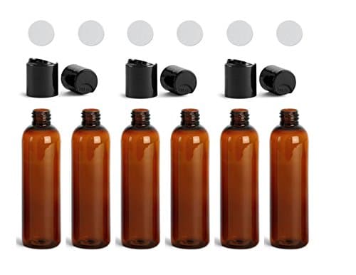 Amber Plastic Bottles with Caps 2 Oz PET Cylinder Empty Squeeze Refillable with Black Smooth Disc Caps Tops Lids Hand Press Flip Closure