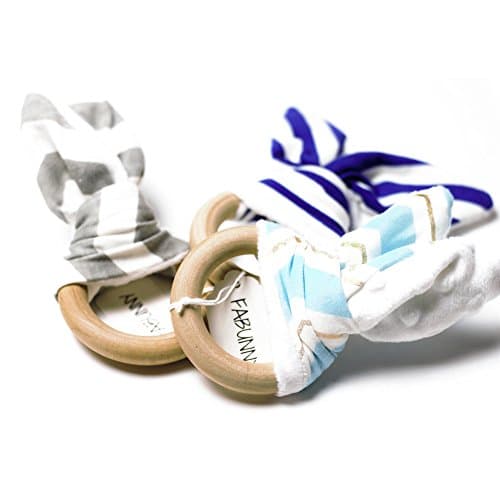 Fabunny Plush Bunny Ears Wooden Teether 3 pack (DarkBlue, Grey &amp; Light Blue)