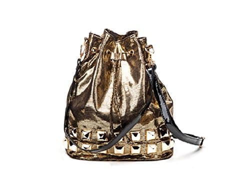 Becool Soft Metallic Drawstring Bucket Handbag With Studs