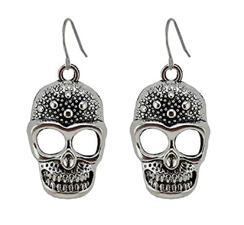 Pair of Silver Skeleton Skull Head Drop Dangle Hook Earrings Pirate Punk Gothic Gift Antique Jewellery for Women Girls