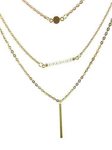 Vintage Multi-Layer Necklace with Three Gold Tone Chain Statement Pendant Imitation Bib Pearls
