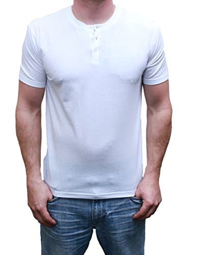 Henley Mens Short Sleeve TShirt with 3 Buttons, Solid White, Large