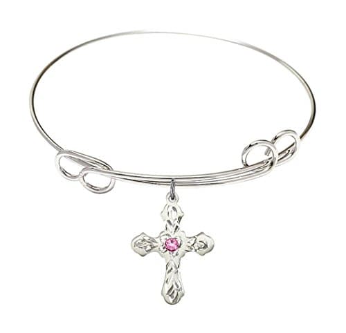 Rhodium Plate Double Loop Bangle Bracelet with October Birth Month Fancy Cross Charm, 7 1/2 Inch