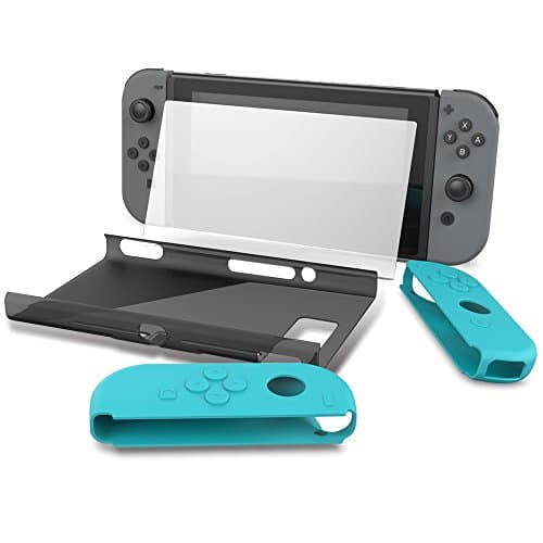 Collen Case for Nintendo Switch, 4-in-1 Accessories Bundle Console Set with Joycon Silicone Gel Soft Case x2, Tempered Glass Screen Protector x1, Hard Back Case Protective Cover x1