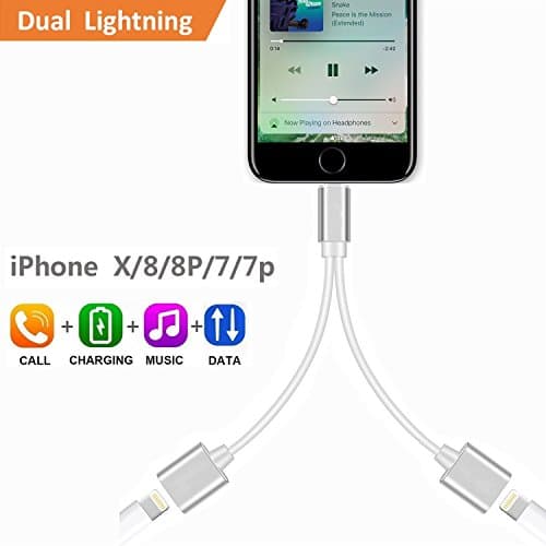 iPhone 7 / 7 Plus / 8 / X Adapter & Splitter, Seiyato Dual Lightning Headphone Jack adapter Audio and Charge Splitter for iPhone X / 8 / 8 Plus / 7 / 7 Plus.(Support Music and calling function)-Silver
