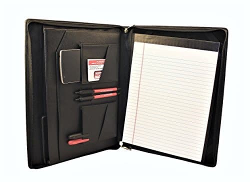 Elite Top Grain Leather Padfolio, Interior iPad Pro(12.9 inch) Macbook Pro (13.3 inch) Sleeve, iPhone & Android Smartphone Pockets, Kindle pocket, Legal Pad Holder, Black, Business Calculator Pocket