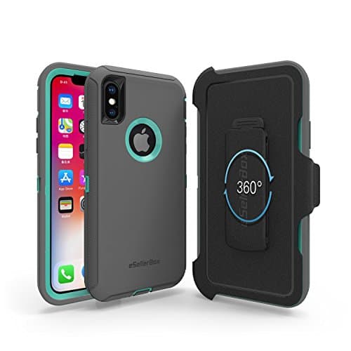 iPhone X Case,eSellerBox,Heavy Duty Rugged Multi-Layer Hybrid With [Kickstand] [Belt Clip] bumper Holster Protective Case Cover For Apple iPhone X (Grey&amp;Teal)