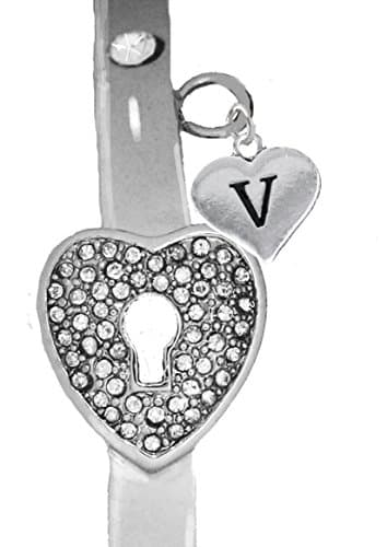 It Really Locks!, The Key To My Heart, "Initial V ", Cuff Crystal Bracelet, Hypoallergenic, Safe-Nickel, Lead, Free