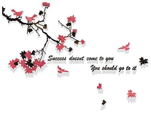 Acrylic Wall Stickers, 3D Crystal Wall Decals- Maple tree Branches With Birds and The Quote "Success doesn't come to you you go to it" (Small)