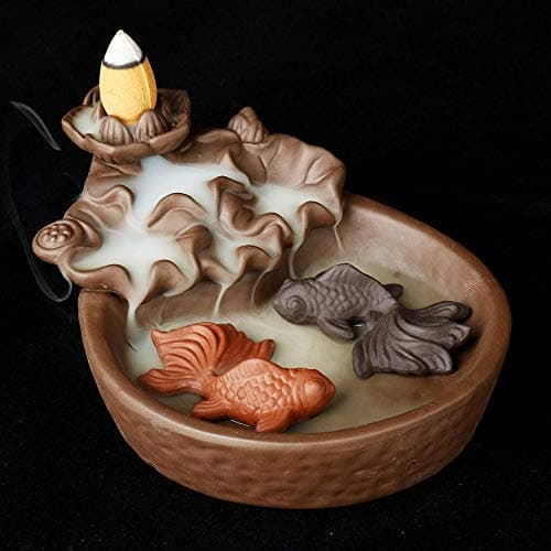 KUGIN Two Fish Handmade Fine Ceramic Waterfall Counter Current Incense Burner Holder Home Decoration Aromatherapy Gift Decoration Free 10 Incense