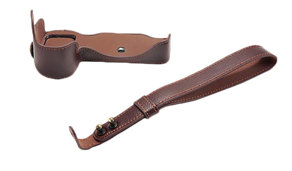 Bottom Opening Version for Nikon Z6 Protective Real Leather Half Camera Case Bag with Hand Strap Dark Brown
