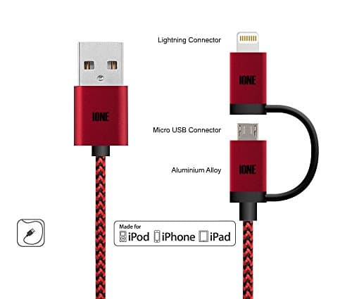 IONE 2-in-1 Android MicroUSB/Apple ISO Lightning 8 Pin with USB/MicroUSB OTG Braided Charging Data Cable Turn Your Phone into Power Bank for Apple IOS &amp; Android Device, Red/Black
