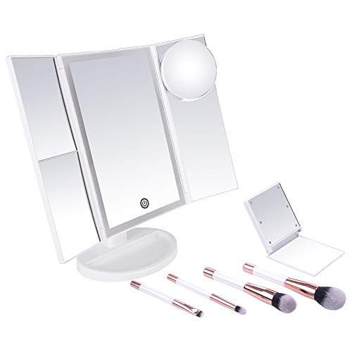 LED Lighted Makeup Vanity Mirror Tri-fold 1x 2x 3x 10x Magnification Natural 36 Bulb Striplight Soft Touch Dimmer 180 Degree Rotating, 4 Cosmetic Brushes with Lighted Compact Travel Mirror Included