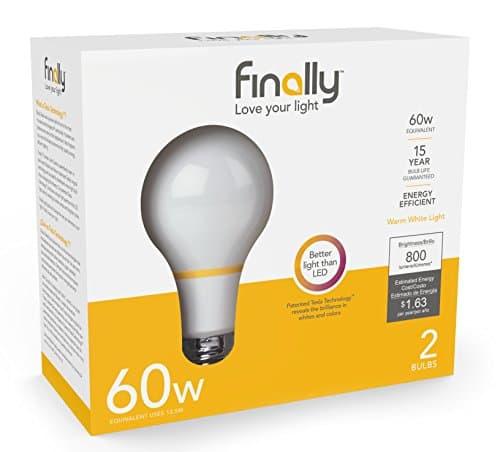 New Finally Light Bulb, 60 watt Equivalent, A19, Pack of 2 Light Bulbs, Long Lasting, Warm White, Non-LED, Energy Efficient, with Tesla Technology