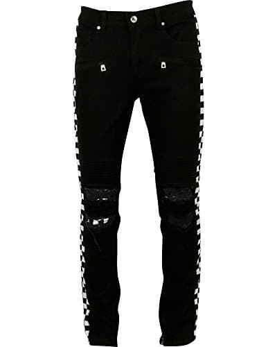 Men's Checkerd Side Stripe Twill Jeans,Black,32