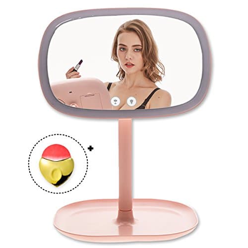 TOLEAP Makeup Vanity Mirror 37 Pcs Led Lighted With Touch Screen and 10 Pcs Backside Led Lights as A Table Light,360°Adjustable Rotation,Dual Power Supply, Countertop Cosmetic Mirror (Pink)