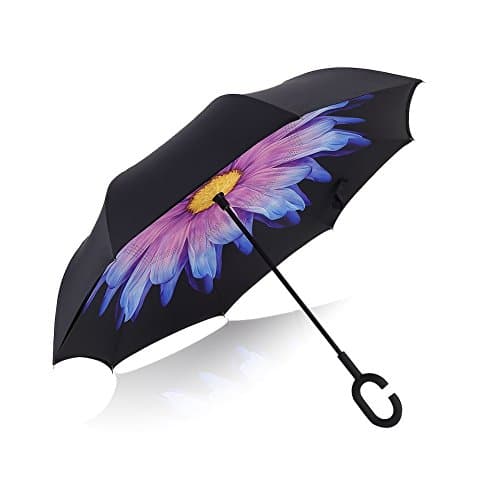 Double Layer Inverted Umbrella UV Protection Windproof Reverse Umbrella Large with C-Shaped Handle for Car Travel (Daisy Purple)