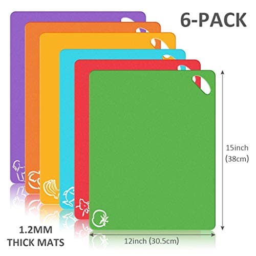 Bedoo Flexible Plastic Cutting Boards for Kitchen Dishwasher Safe Thick Chopping Board Mats with Color Icons Set of 6