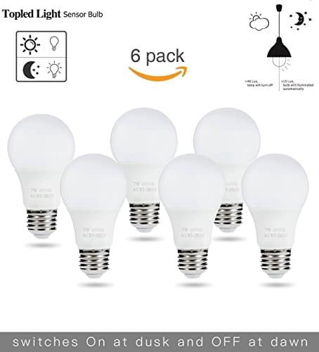 LED Light Sensor Bulbs, Topled Light 7W Automatic Dusk to Dawn Light Bulb Daylight E26/E27 Cool White Outdoor Indoor LED Night Lighting Bulbs for Porch Garage Basement Hallway Stairs, 6 Packs