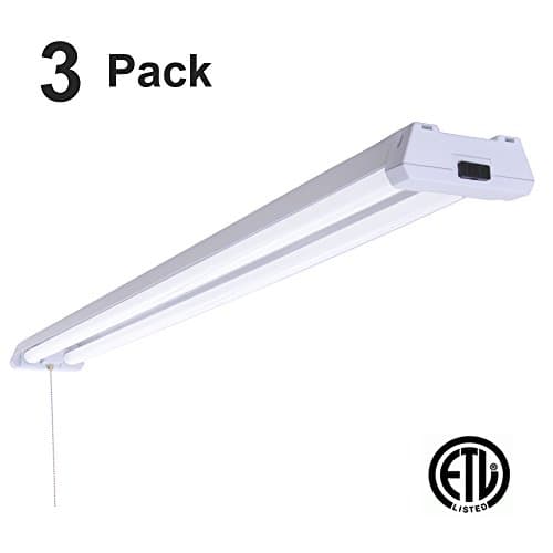 LED 4ft Utility Shop Light-40w (100W Replacement), 5000K (Daylight) Garage Ceiling Fixture, 4100 Lumens, Linkable, Pull Cord Switch, 5 Ft Plug-In Cord, 3 Pack