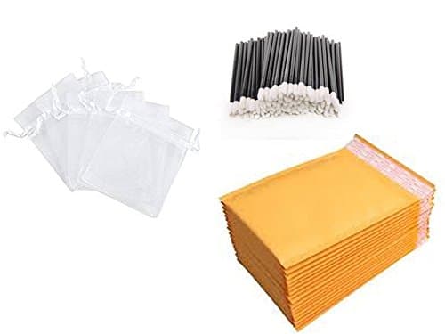 Cosmetic Distributor Starter Kit with (100) Disposable Lip Gloss Applicator, (100) 4x6 Organza Bags, and (30) 4x8 Padded Mailing Envelopes (White)