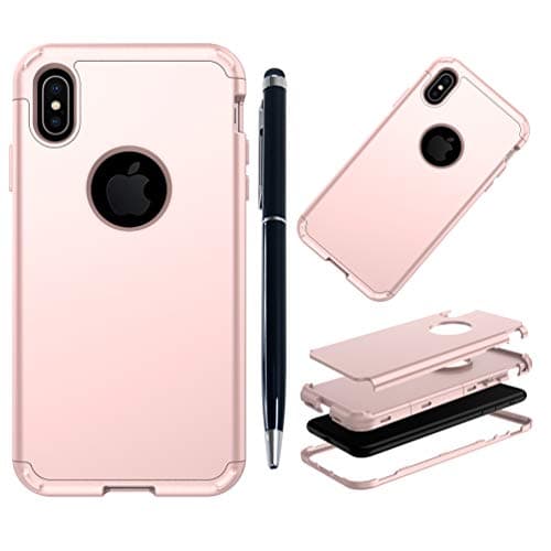Edauto iPhone XS Max Case, iPhone Xs Max 2018 Case 3 in 1 [Hard Back + Soft Inner + Hard Front] Protective Cover Simple Skin Shockproof Bumper Shell with Stylus Pen for iPhone XS Max 6.5'' - Rose Gold