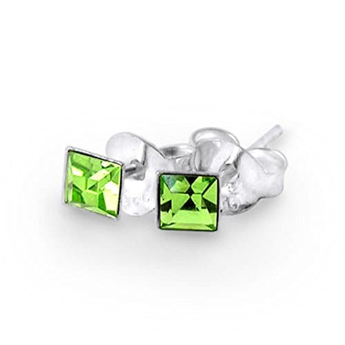 August - Light Green 3MM Square Birthstone 925 Sterling Silver Stud Earring