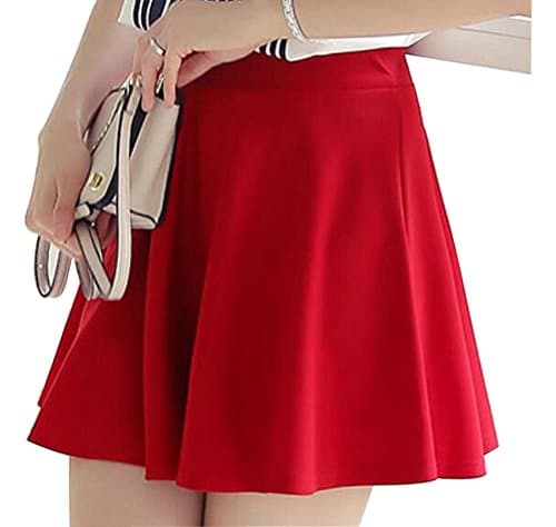 F2Y Women's Basic Solid Color Stretchy Flared Casual Mini Skater Skirt (XL, Red)